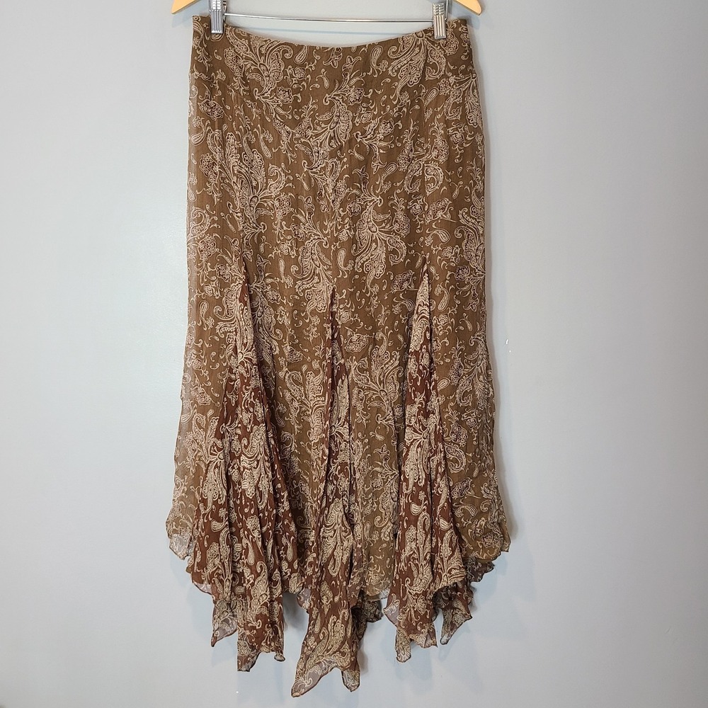 Lauren Ralph Lauren 100% Silk Gypsy Skirt Sz 20W Boho Brown Paisley Basque Waist